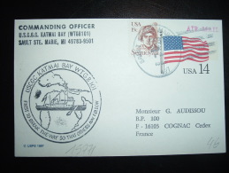 CARTE ENTIER DRAPEAU 14 + TP OBL.MEC. FEB 29 1990 SAULT SAINTE MARIE + USCGC KATMAI BAY WTGB 101 + COMMANDING OFFICER - Marcophilie