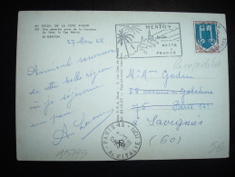 CP TP BLASON MONT DE MARSAN 0,25F OBL.MEC. 27-3-1968 MENTON (06 ALPES-MARITIMES) + REEXPEDITION 28-3-1968 PARIS 13 (75) - 1941-66 Escudos Y Blasones