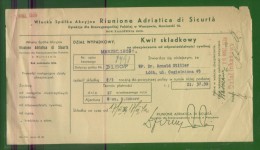 POLAND 1939 RIUNIONE ADRIATICA DI SICURITA ITALIAN INSURANCE COMPANY RECEPIT FOR INSURANCE PREMIUM - Steuermarken