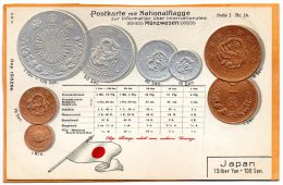 Japan Coins & Flag Patriotic 1900 Postcard - Monedas (representaciones)