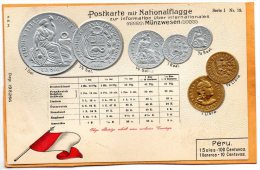 Peru Coins & Flag Patriotic 1900 Postcard - Monete (rappresentazioni)