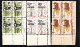 #1328 #1329 & #1330, Plate # Blocks Of  4 US Stamps Nebraska Statehood Cattle, Voice Of America Radio, Folklore Croc - Plattennummern