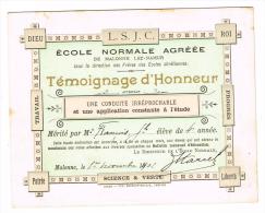 "Ecole Normale Agréée - Témoignage D'Honneur - Une Conduite Irréprochable Et Une Application Constante à L'étude" - Diplômes & Bulletins Scolaires