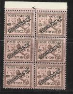 VATICANO VATICAN VATIKAN 1931 TASSE TAXES SEGNATASSE SOPRASTAMPATO OVERPRINTED CENT. 5 MNH BLOCK BLOCCO 6 BEN CENTRATO - Segnatasse