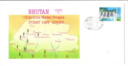 Bhutan First Day Cover 21.10.1988 - Chhukha Hydel Project - Map Of Bhutan - Bhoutan