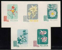 POLAND 1957 ENDANGERED FLOWERS COLOUR PROOFS BLOCK OF 5 NHM Flowers Lily Edelweiss Sea Holly Carlina Acaulis Cypripedium - Ensayos & Reimpresiones