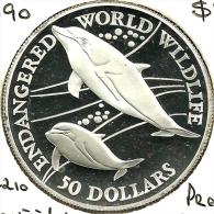 COOK ISLANDS $50 DOLPHIN ANIMAL FRONT QEII HEAD BACK1990 AG SILVER PROOF KM210 READ DESCRIPTION CAREFULLY!! - Cookeilanden