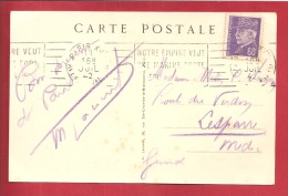 N°Y&T 509 CP MOINS DE 5 MOTS CAD RBV PARIS  Vers  LESPARRE Le  11 JUILLET1942 (2 SCANS) - Covers & Documents