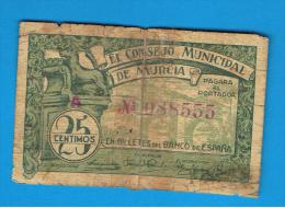 BILLETE LOCAL - MURCIA  25 Centimos 1937 - Otros & Sin Clasificación