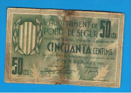 BILLETE LOCAL - POBLA DE SEGUR 50 Centimos 1937 - Andere & Zonder Classificatie