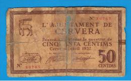 BILLETE LOCAL - CERVERA 50 Centimos 1937 - Andere & Zonder Classificatie