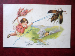 Pentecost Greeting Card - Girl - Beetle - WO 1235 - Circulated In Estonia 1938 - Estonia - Used - Pinksteren