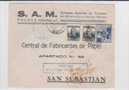 1937 - ENVELOPPE De TOLOSA Avec CENSURE + VIGNETTE "CROISADE CONTRE LE FROID" Pour SAN SEBASTIAN - Storia Postale