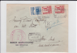 1937 - ENVELOPPE RECOMMANDEE De SAN SEBASTIAN Avec CENSURE + VIGNETTE "CROISADE CONTRE LE FROID" Pour NEW YORK (USA) - Storia Postale