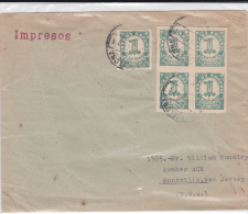 1947 ?? - ENVELOPPE "IMPRIME" De BARCELONA Pour MONTVILLE (USA) - BLOC De 4 - Storia Postale