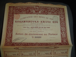 Action " Cie Des Mines De Fer De Rakhmanovka-Krivoi Rog " Bruxelles 1898 Très Bon état Avec Tous Les Coupons Russie Russ - Russie