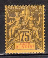 (SA0624) IVORY COAST, 1892 ("Tablet"-type, 75c., Deep Violet And Red On Orange). Mi # 12. MLH* Stamp - Unused Stamps