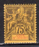 (SA1006) IVORY COAST, 1892 ("Tablet"-type, 75c., Deep Violet And Red On Orange). Mi # 12. MLH* Stamp - Unused Stamps