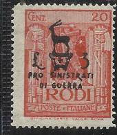 COLONIE ITALIANE EGEO 1944 PRO SINISTRATI DI GUERRA CENT. 20 + 3 LIRE  MNH - Ägäis (Dt. Bes.)