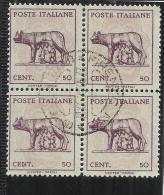 ITALIA REGNO ITALY KINGDOM LUOGOTENENZA 1944 LUPA CENTESIMI 50 SENZA FILIGRANA QUARTINA BLOCK USED - Oblitérés