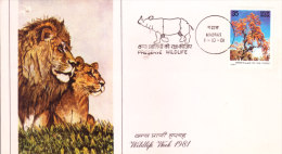 India Special Cover 1981 - Wild Life Week, Madras, Rhino In Cancellation, Lion In Cachet - Briefe