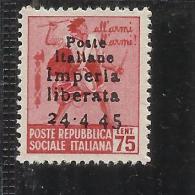 ITALY ITALIA 1945 CLN IMPERIA LIBERATA MONUMENTS DESTROYED OVERPRINTED MONUMENTI DISTRUTTI SOPRASTAMPATO 75 C MNH SIGNED - Comitato Di Liberazione Nazionale (CLN)