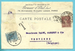 Kaart Verzonden Van PARIS (France), Getaxeerd (taxe) Met TX 15A Voorzien Van Naamstempel VERVIERS 1 - Cartas & Documentos