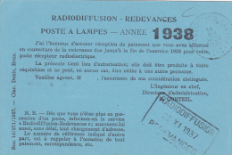 Kaart POSTE A LAMPES - ANNEE 1938 Met Stempel RADIODIFFUSION - REDEVANCES - Post Office Leaflets