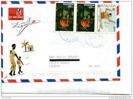 Enveloppe Avec 3 Timbres Et Collage Lamelles Bois - Artisanat Du Rwanda - Avion FALCON - 2 Scans - Gebraucht