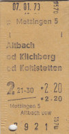 Metzingen - Altbach, Kilchberg Od Kohlstetten Am 7.1.1973 - 2,20 DM,  Fahrkarte - Europa