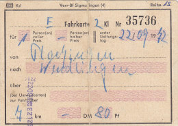 Plochingen - Wendlingen, Am 22.9.1972, 1 Person, 7 Km, 0,80 DM, Fahrkarte Von Hand Ausgestellt - Europe