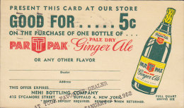 United States Postal Stationery Ganzsache Entier Private Print PARTPAK Ginger Ale, BUFFALO 1951 Card Carte (2 Scans) - 1941-60