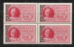 VATICANO VATICAN VATIKAN 1931 PACCHI POSTALI ESPRESSO LIRE 2 SOPRASTAMPATO OVERPRINTED MNH BLOCK QUARTINA BEN CENTRATA - Parcel Post