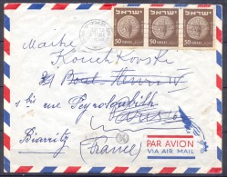 ISRAEL  Lettre  Cachet  Le 23 8 1954  Pour PARIS Puis BIARRITZ  PAR AVION Affranchie Avec BANDE De 3 Timbres - Covers & Documents