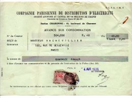 Compagnie Parisienne De Distribution D'électricité Section Charonne - Avance Sur Consommation - 1936 - Electricity & Gas