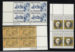 Lot Of 3 US Stamp Plate # Blocks Of 4, #1405 #1406 #1407, Edgar Lee Masters Woman Suffrage South Carolina Statehood - Plaatnummers
