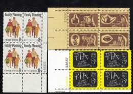 Lot Of 3 US Stamp Plate # Blocks 4, #1455 #1456-59 #1463 Family Planning Colonial Crafts PTA School Issues - Plattennummern