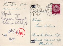 ALLEMAGNE BADEN BADEN CARTE CENSUREE POUR LA FRANCE 1941 - Sonstige & Ohne Zuordnung