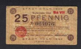 GERMANY STADT KOLN, 25 PFENNIG 1920 .  (3B36) - Sonstige & Ohne Zuordnung