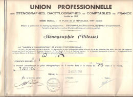 Diplome Sténographe Dactylographe Ivry 5 Place De La République 1953 Vitesse Populaire 94 Val De Marne - Diploma & School Reports