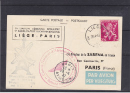 Belgique - Carte Postale De 1947 - 1er Vol Liège - Paris - SABENA - Lion Avec V De Londres - Brieven En Documenten