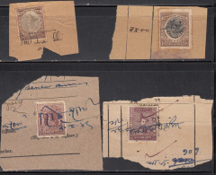 4 Different Gwalior Adhesive Fiscal / Revenue Used On Piece, British India - Gwalior