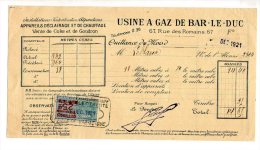 Quittance - Usine à Gaz De Bar Le Duc - Rue Des Romains - 1921 - Electricidad & Gas