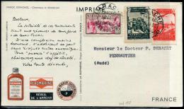 MAROC ESPAGNOL - N° 422 + PA 3 & 43 / CARTE PUBLICITAIRE PLASMARINE, OBL LARACHE LE 3/3/1953, POUR L'AUDE - SUP - Maroc Espagnol