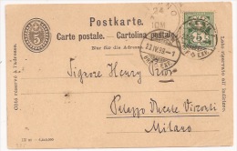 B75 - BERN - 1899 - Entier Postal 5 Ctes + Complément 5 Ctes Pour MILAN - - Storia Postale