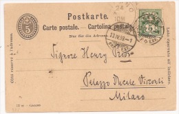 B75 - BERN - 1899 - Entier Postal 5 Ctes + Complément 5 Ctes Pour MILAN - - Brieven En Documenten