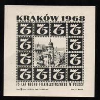 POLAND 1968 75TH ANNIV POLISH PHILATELIC FEDERATION PHILATELIC S/S KRAKOW NHM T1 BLACK ARCHITECTURE UNESCO HERITAGE - Andere & Zonder Classificatie