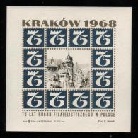 POLAND 1968 75TH ANNIV POLISH PHILATELIC FEDERATION PHILATELIC S/S KRAKOW NHM T2 BLUE ARCHITECTURE UNESCO HERITAGE - Altri & Non Classificati