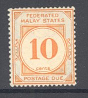 MALAY STATES, 1924 10c POSTAGE DUE (wmk Crown To Right Of CA, SGD5) Vf MM - Federated Malay States