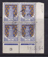 FRANCE N° 1351A 1C BLEU ET JAUNE BLASON DE NIORT COIN D ATE DU 19.3.1964 OBL - 1960-1969